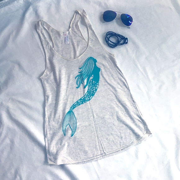 American Apparel Tops - American Apparel Teal Graphic Mermaid Racerback Tank - S, Heather Oatmeal